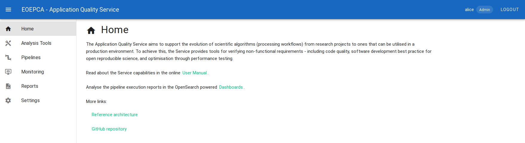 Application Quality Service User Portal After Authentication