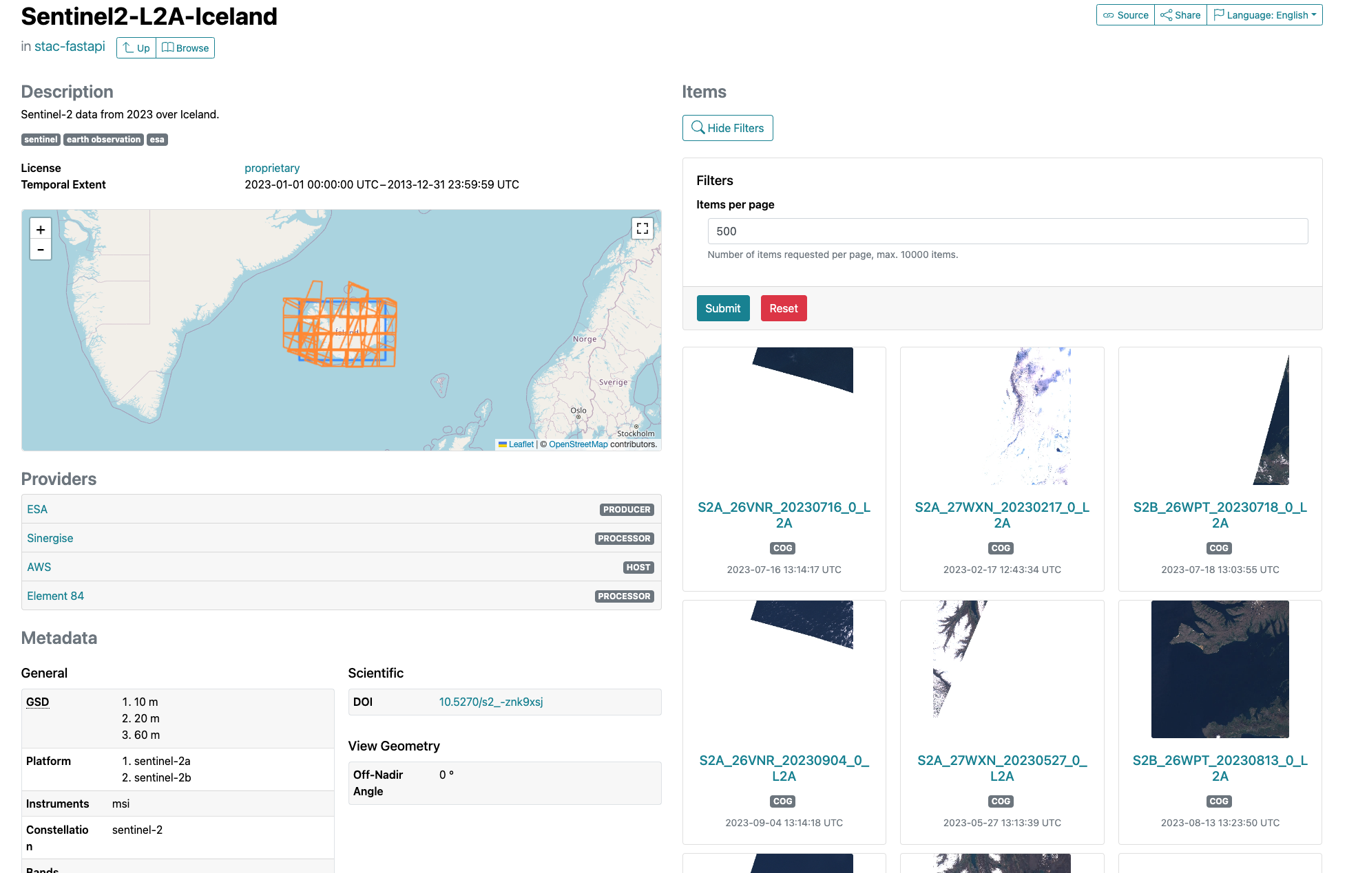 Screenshot of STAC Browser with example collection