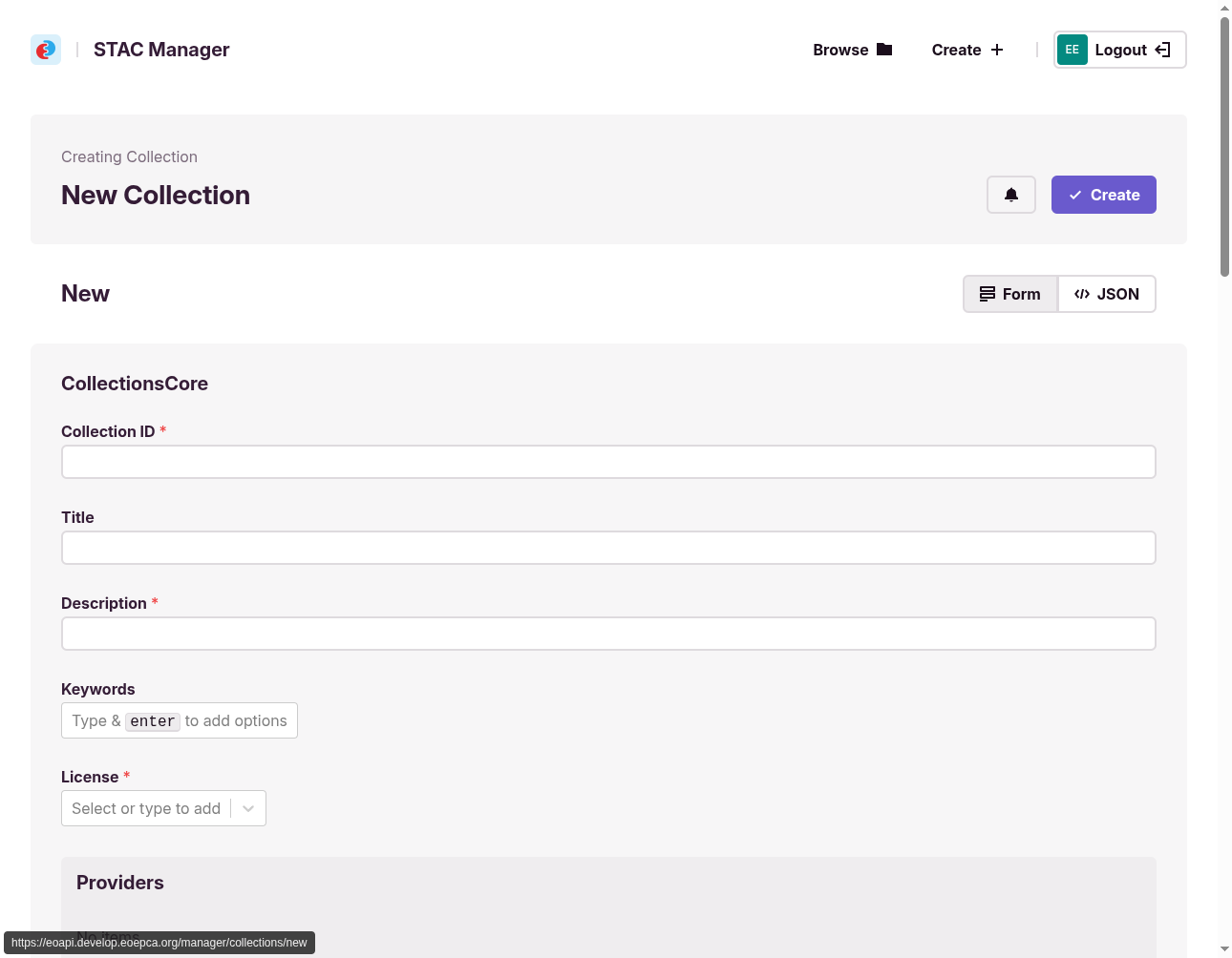 STAC Manager new collection form