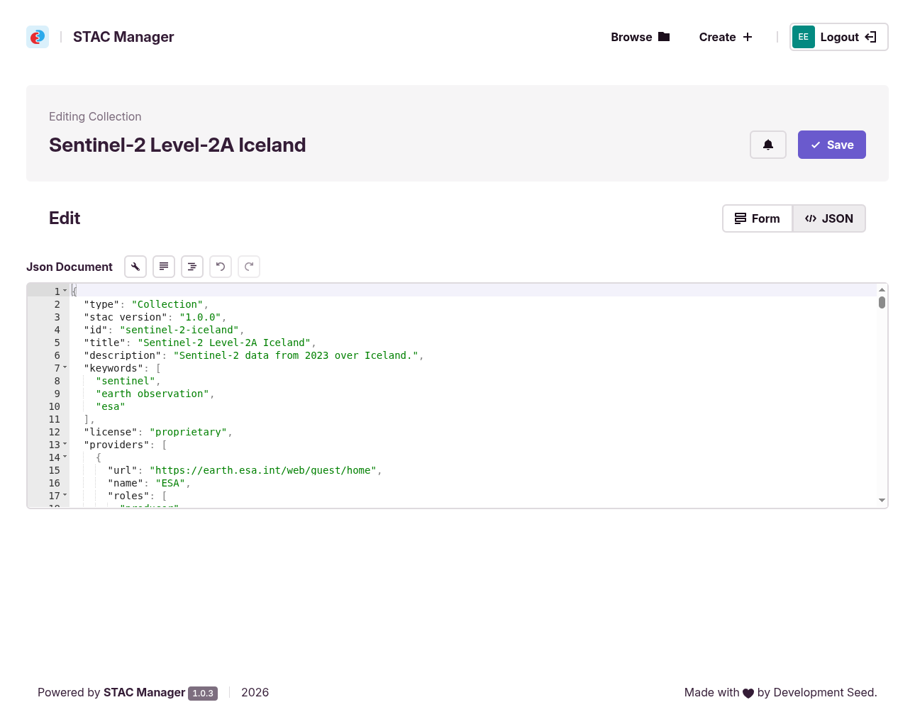 STAC Manager collection JSON editor