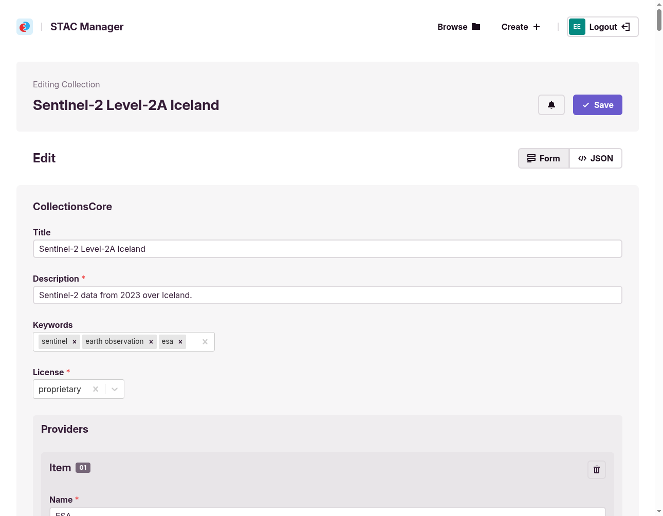 STAC Manager collection form editor